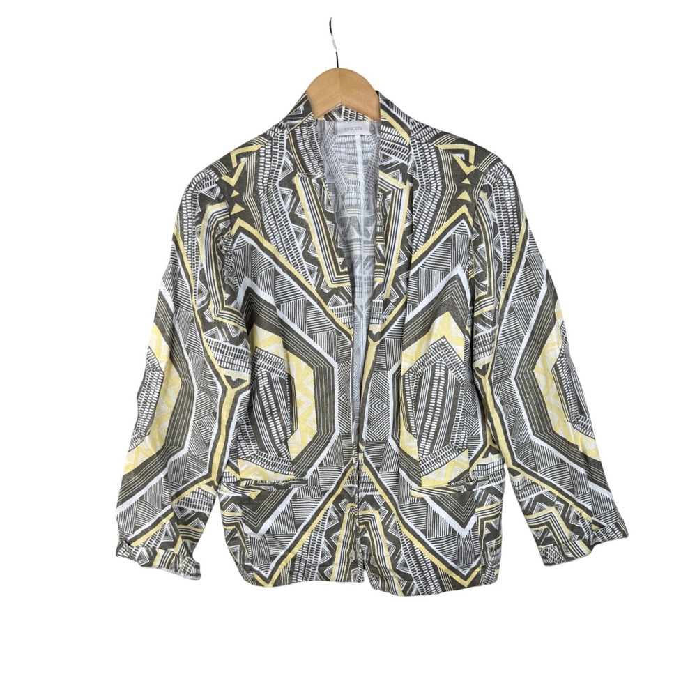 Chico's Heidi Geometric Print Shimmer Jacket size 2 (Large) Yellow/Gray
